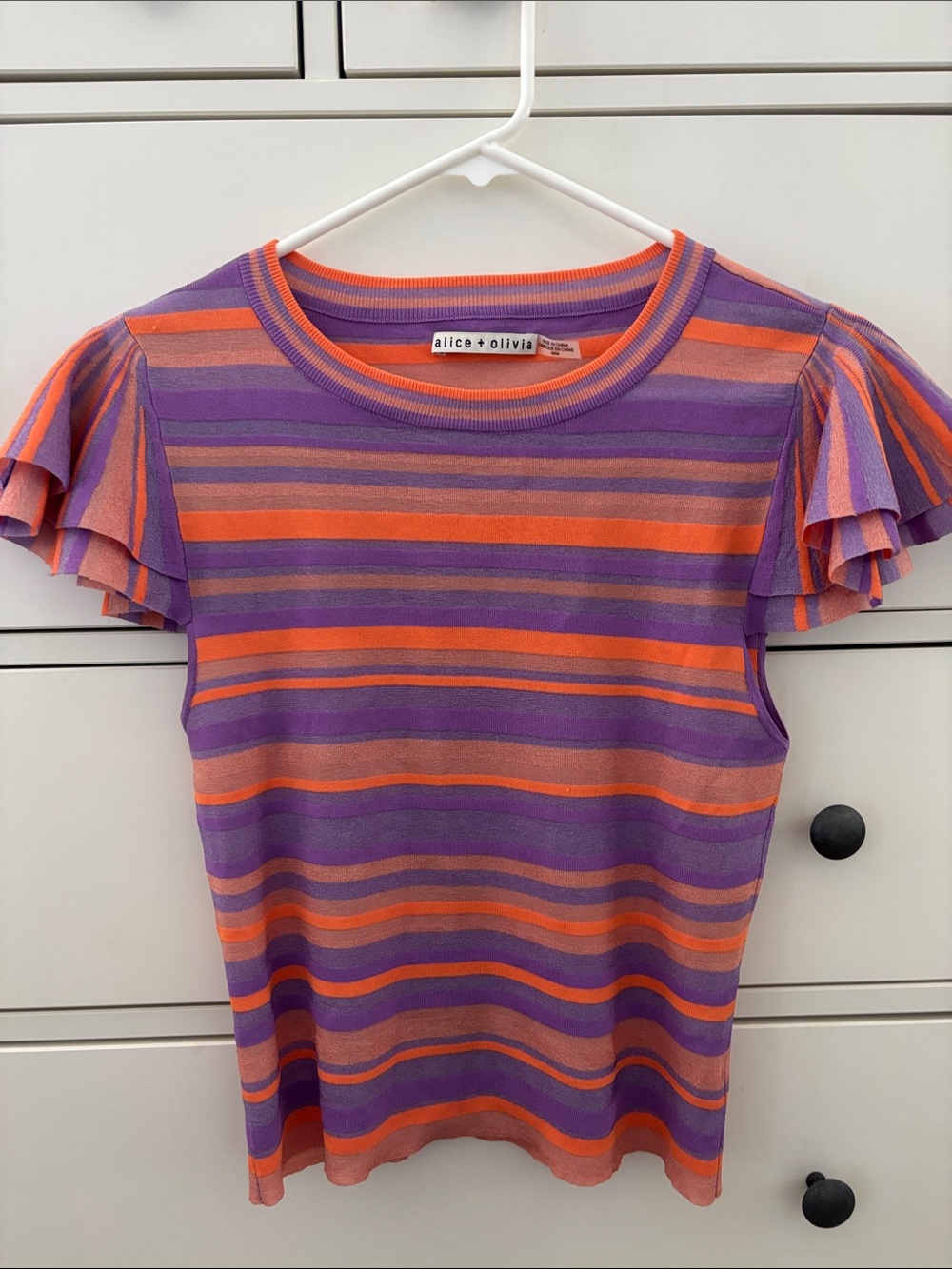 Alice + Olivia Purple and Orange Striped Ruffle Sleeve Tee